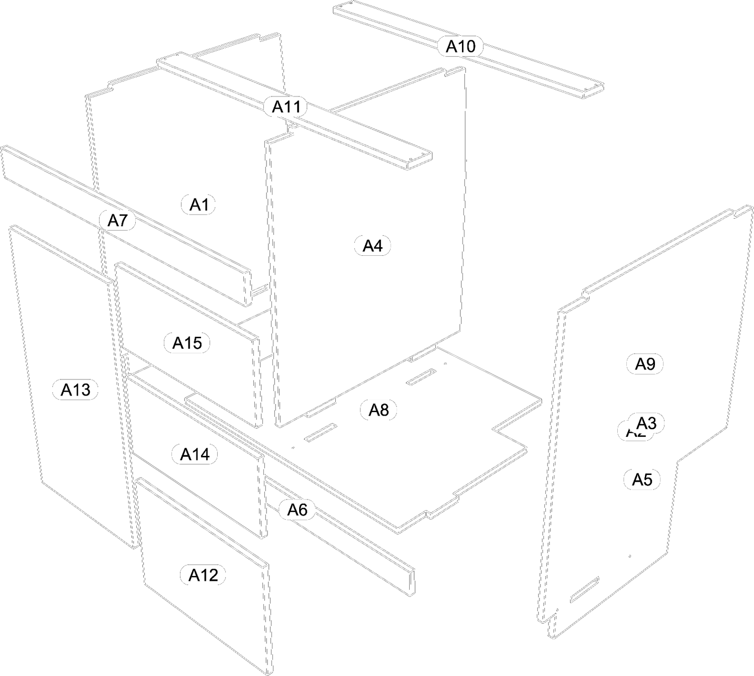 Exploded assembly drawing of kitchen unit A — 15 numbered panels