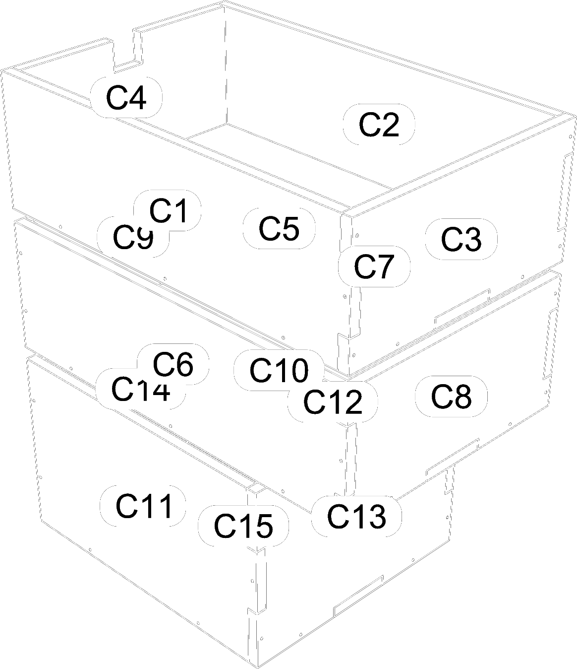 The same drawer stack assembled — tab-and-slot joinery