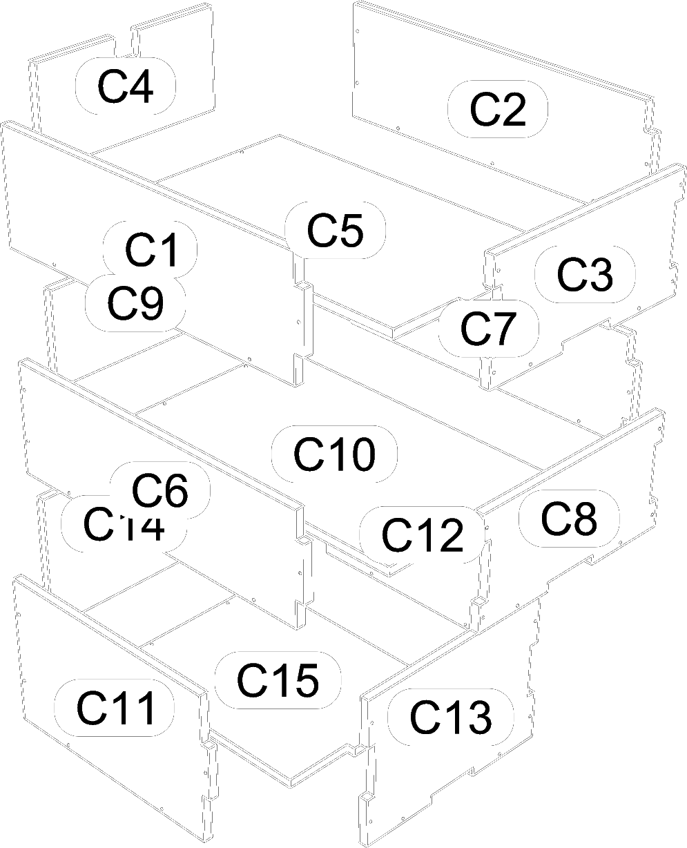 Exploded drawing of the kitchen drawer stack — every panel numbered