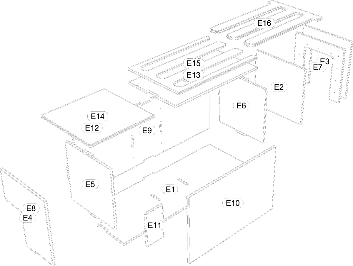 Exploded assembly drawing of bench seat unit E