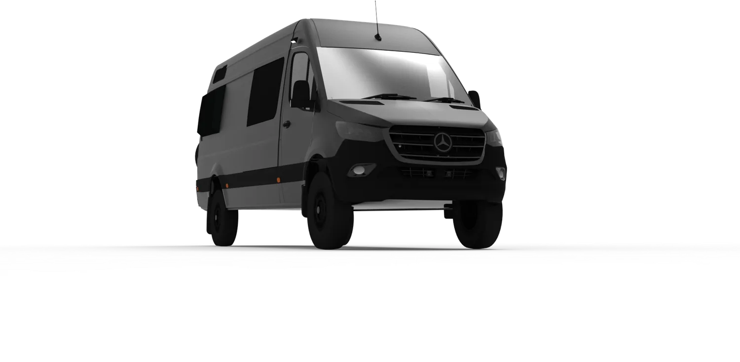 Mercedes Sprinter campervan conversion, three-quarter view, rendered in 3D by AVN Studio